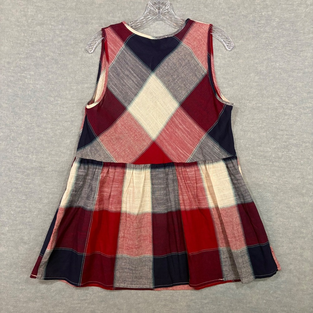 Suzanne Betro Red Navy Plaid Sleeveless Babydoll Tie Neck Top Medium U8501329
